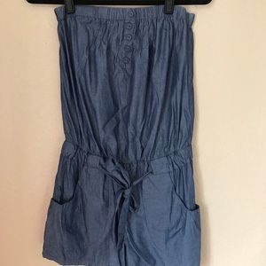 Blue Strapless Romper with Buttons and Tie Waist